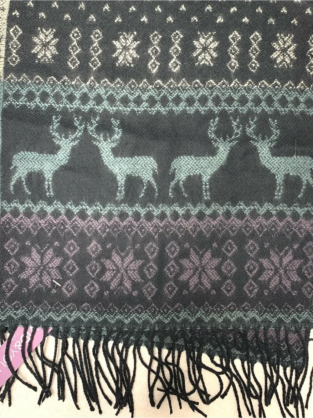 David & Young Softer Than Cashmere Fair Isle Scarf Reindeer Black Blue Purple